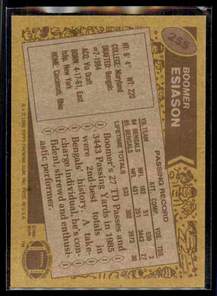 1986 Topps Boomer Esiason #255 card back image