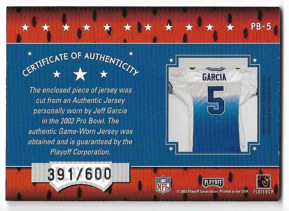 2003 Absolute Memorabilia Pro Bowl Souvenirs Jeff Garcia #PB5 card back image