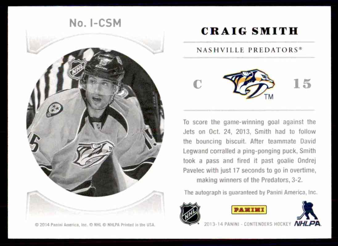 2013-14 Panini Contenders NHL Ink ! Craig Smith #I-CSM card back image