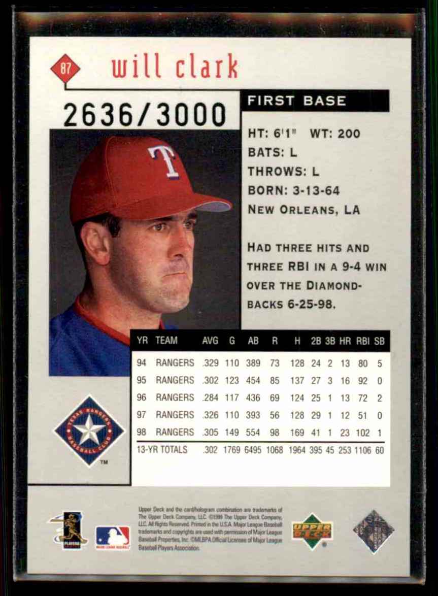 1999 Upper Deck Black Diamond Double Will Clark #87 card back image