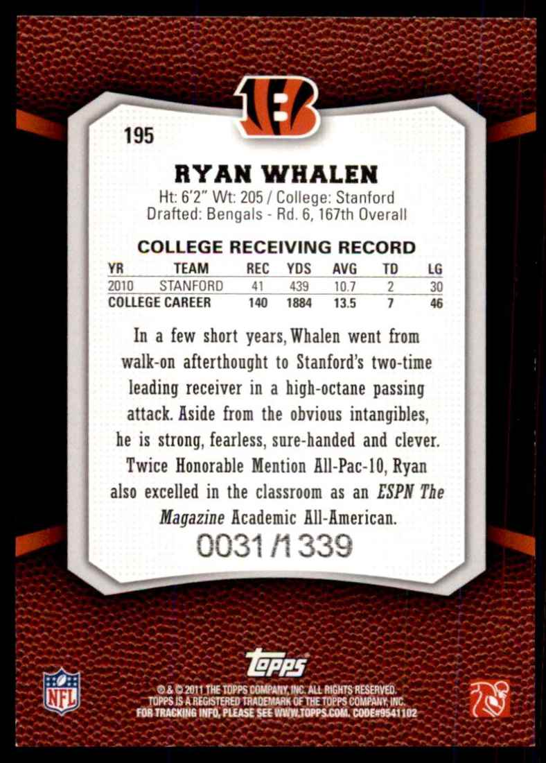 2011 Topps Rising Rookies Blue Ryan Whalen #195 card back image