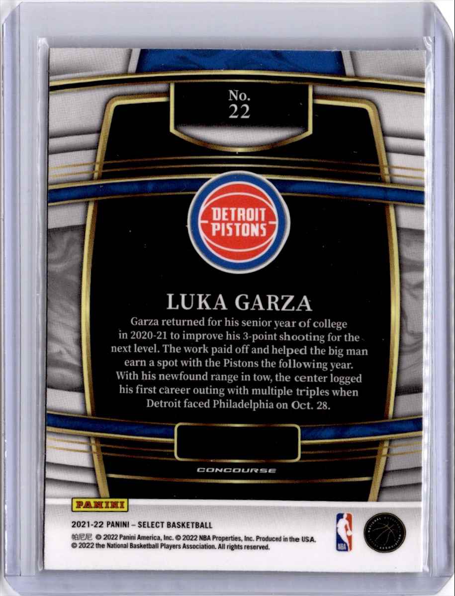 2021-22 Panini Select Luka Garza #22 card back image