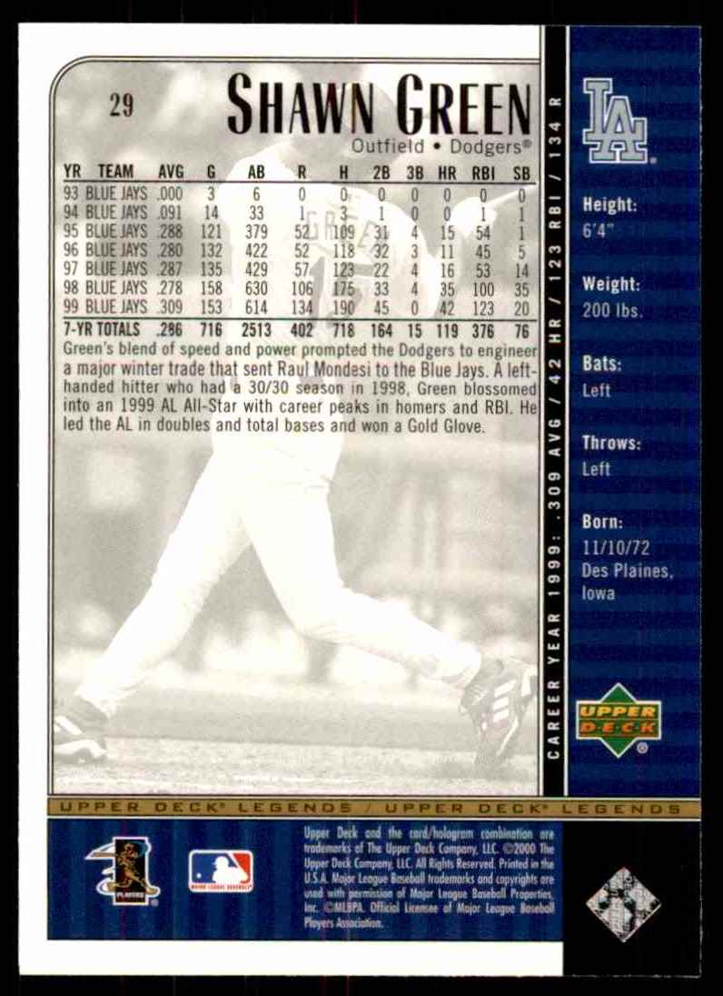 2000 Upper Deck Legends Shawn Green #29 card back image