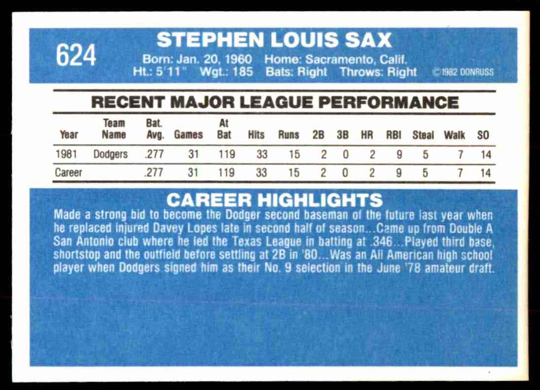 1982 Donruss Steve Sax #624 card back image