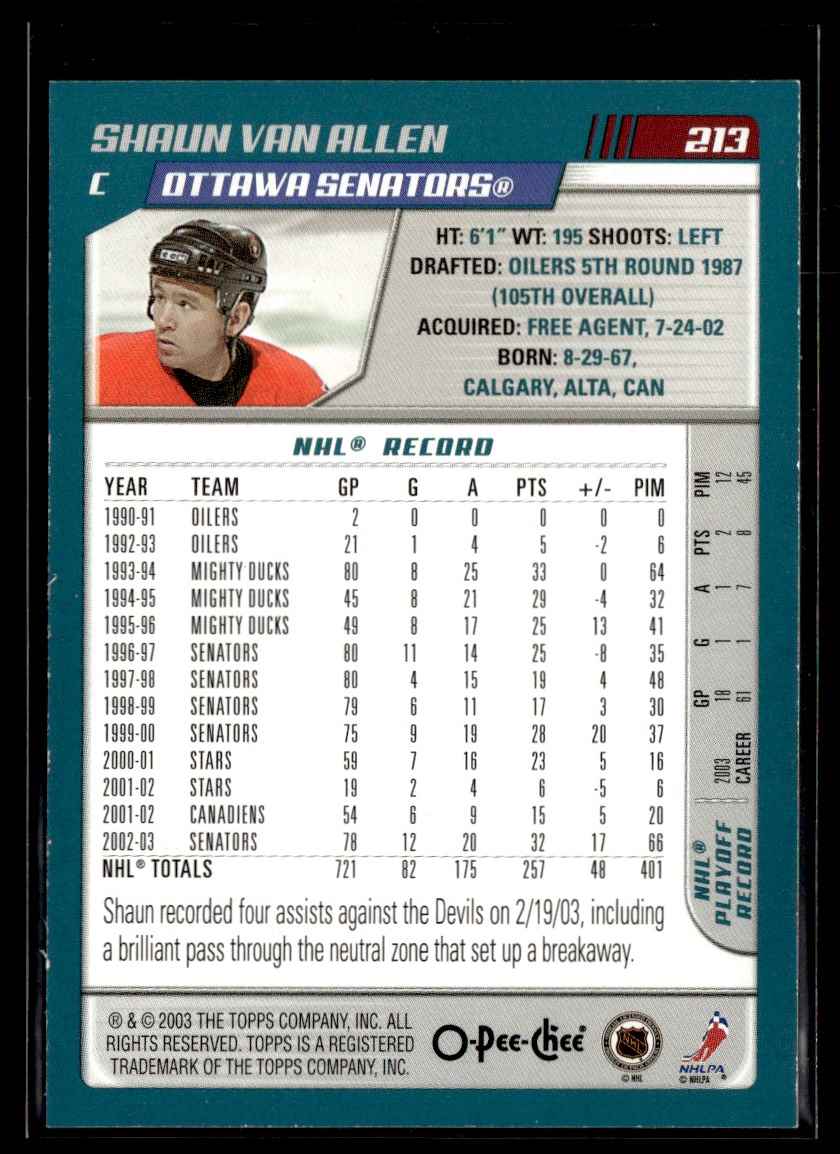 2003-04 O-Pee-Chee Shaun Van Allen #213 card back image