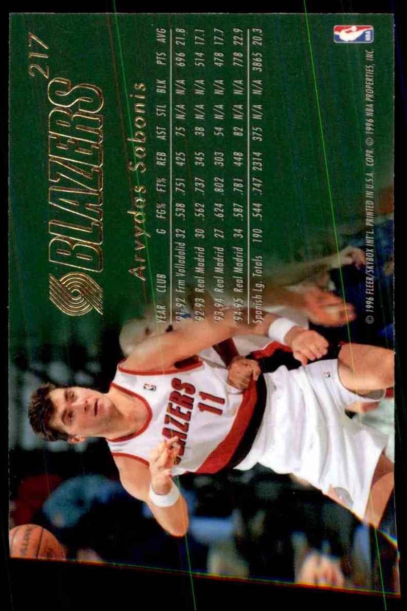 1995-96 Flair Arvydas Sabonis RC #217 card back image