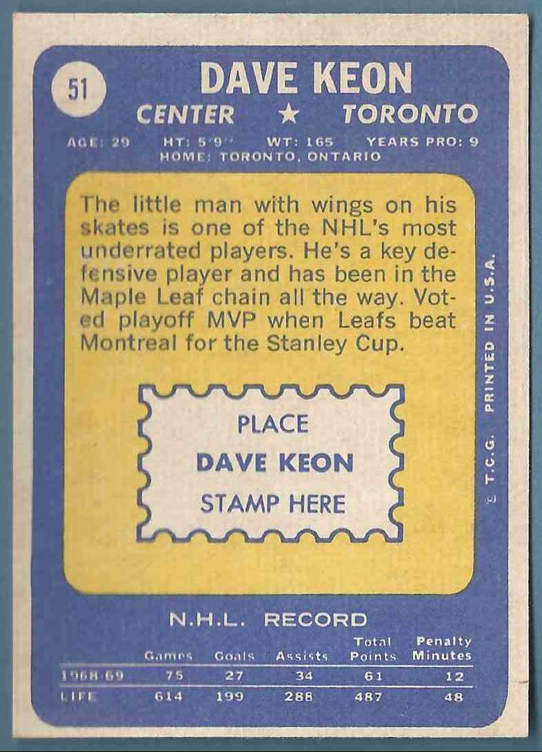1969-70 Topps Maple Leafs Dave Keon #51 card back image