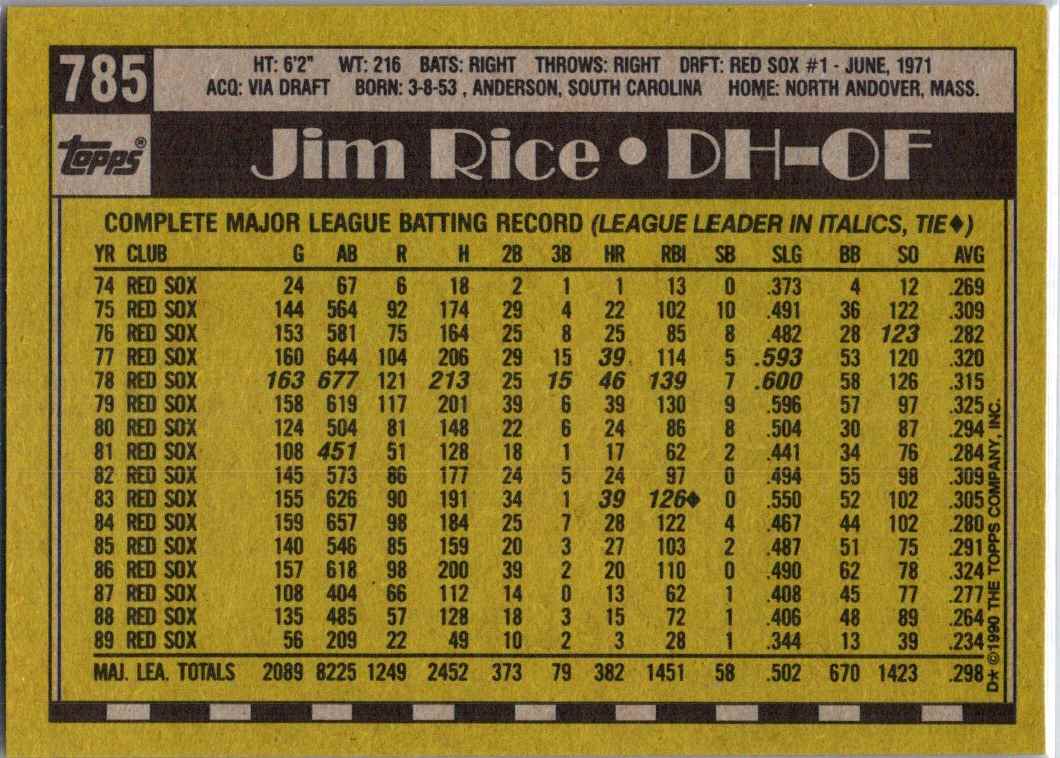 1990 Topps Jim Rice #785 card back image