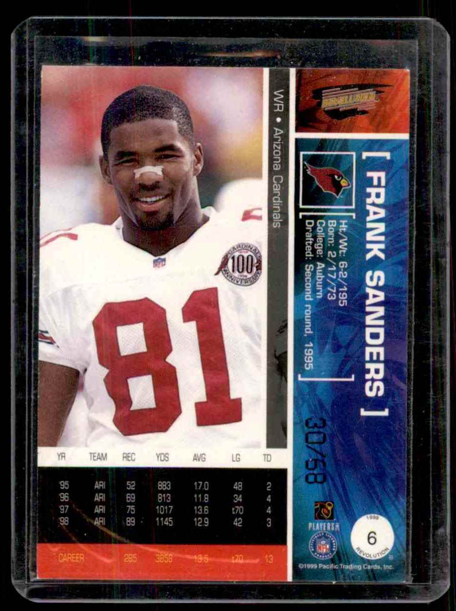 1999 Pacific Revolution Opening Day Frank Sanders #6 card back image