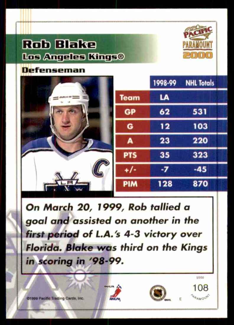 1999-00 Pacific Paramount Ice Blue Rob Blake #108 card back image