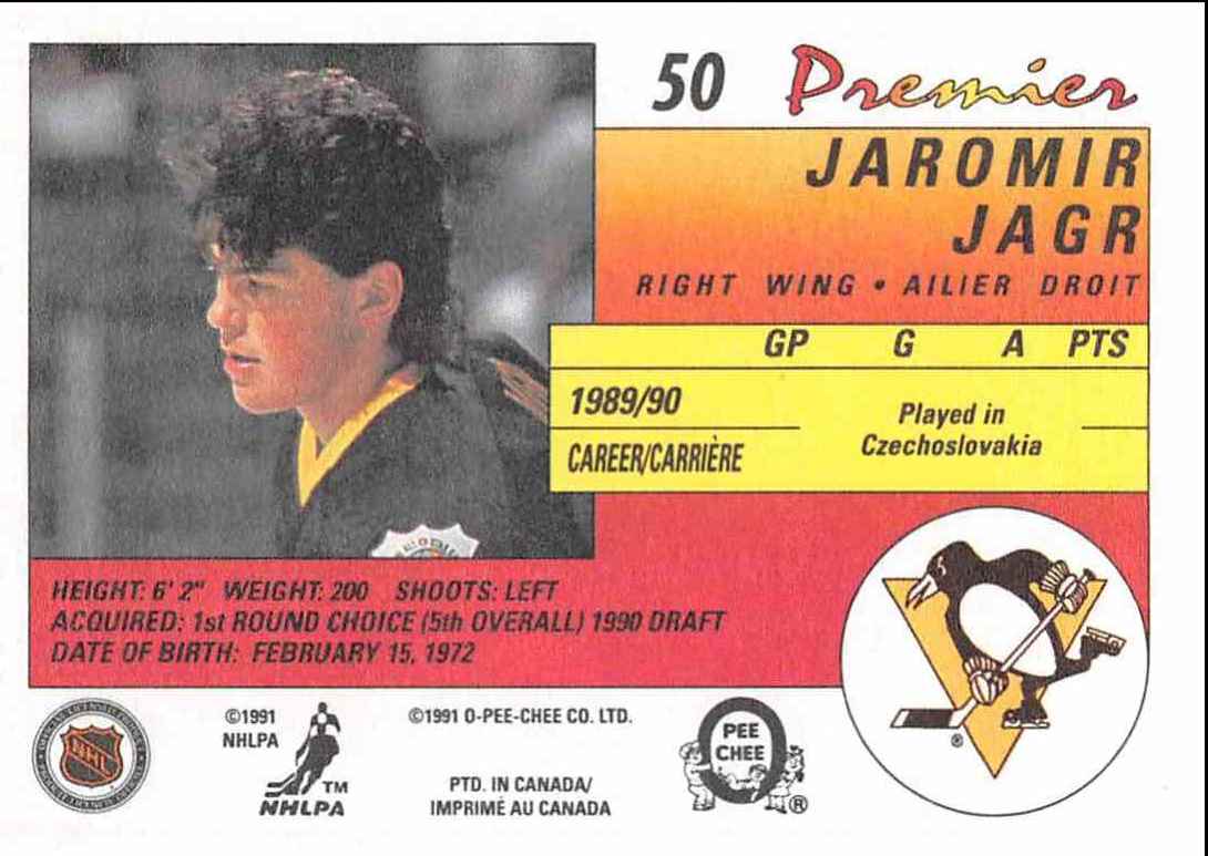 1990-91 O-Pee-Chee Premier Jaromir Jagr #50 card back image