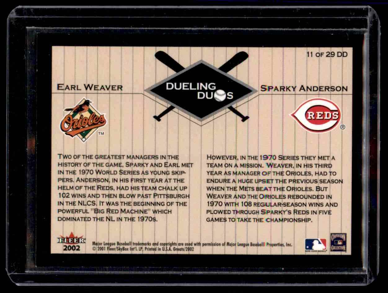 2002 Fleer Greats Dueling Duos Earl Weaver Sparky Anderson #11 card back image