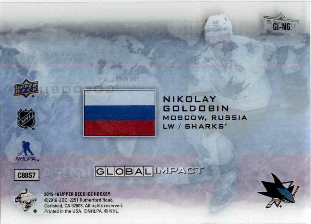 2015-16 Upper Deck Ice Global Impact Nikolay Goldobin #GI-NG card back image