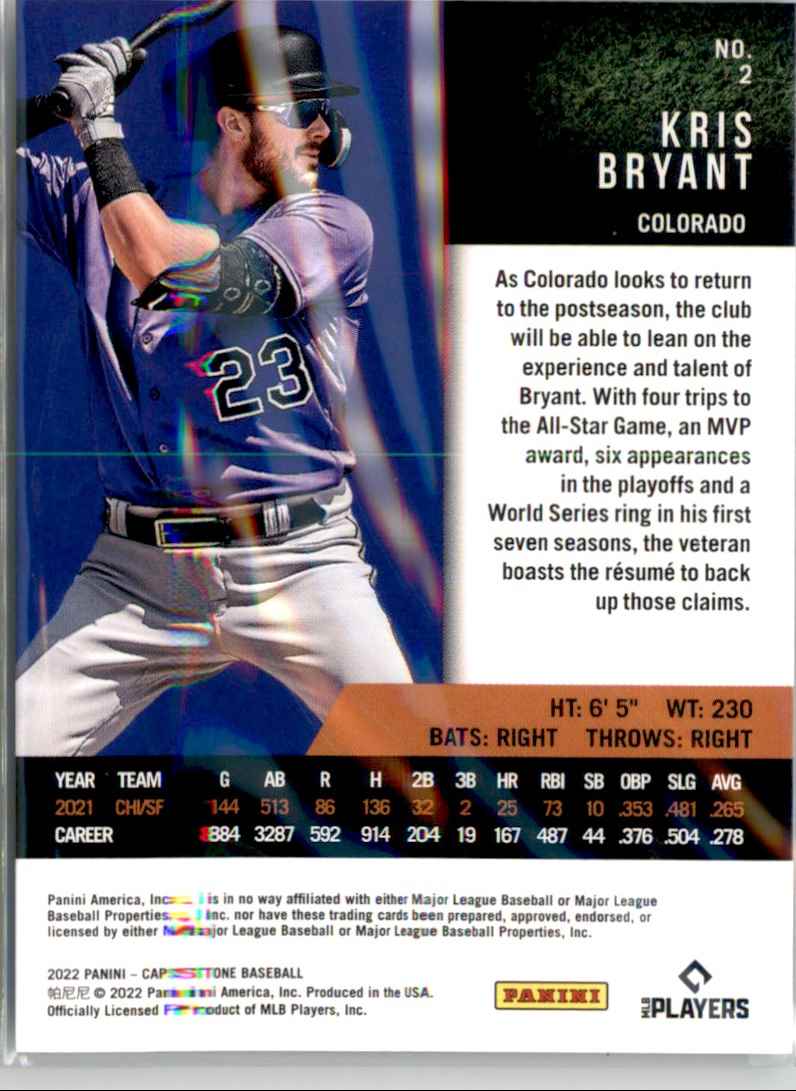 2022 Panini Capstone Kris Bryant #2 card back image