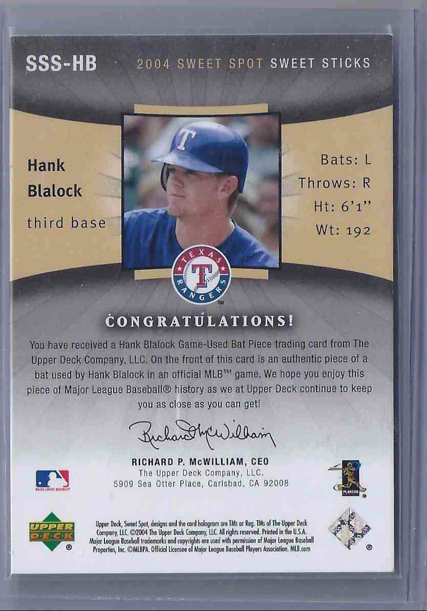 2004 Sweet Spot Sweet Sticks Hank Blalock #SSSHB card back image