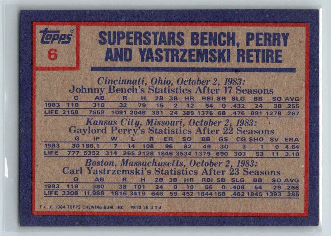 1984 Topps Johnny Bench/Gaylord Perry/Carl Yastrzemski #6 card back image