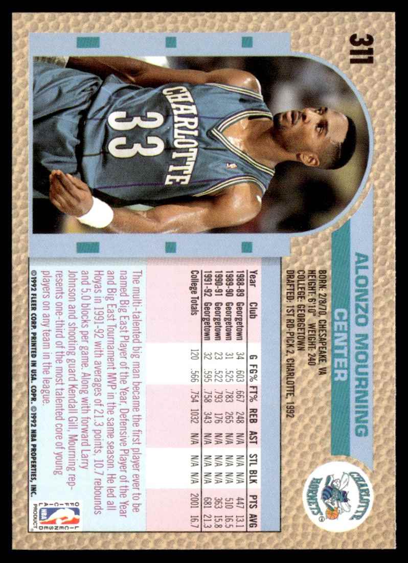 1992-93 Fleer Alonzo Mourning #311 card back image
