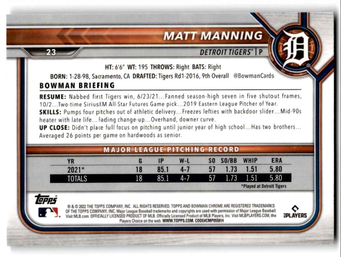 2022 Bowman Chrome Matt Manning #23 card back image