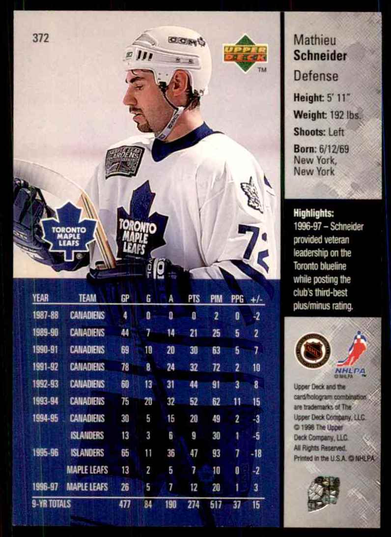 1997-98 Upper Deck Mathieu Schneider #372 card back image
