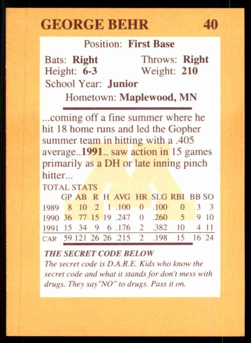 1992 Quaker Oats Minnesota Golden Gophers George Behr #40 card back image