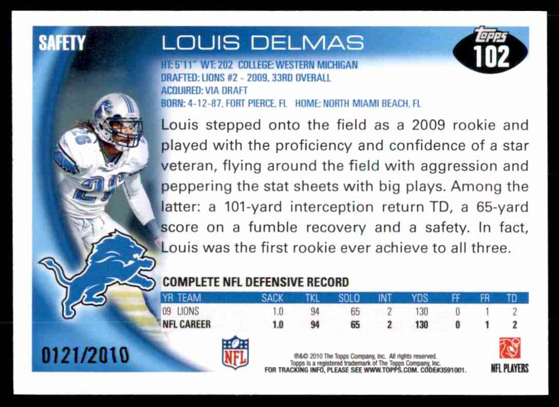 2010 Topps Gold Louis Delmas #102 card back image
