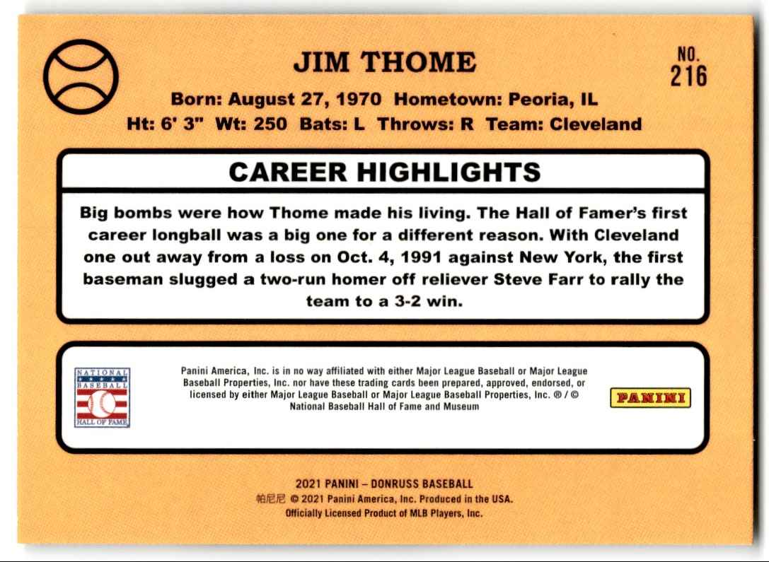 2021 Donruss Jim Thome #216 card back image