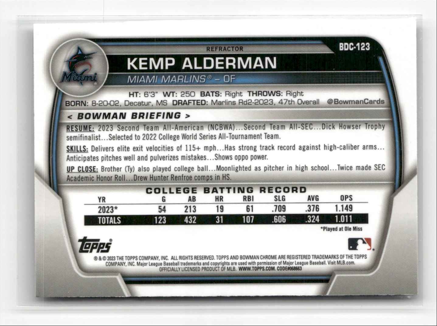 2023 Bowman Draft Chrome Refractors Kemp Alderman #BDC-123 card back image