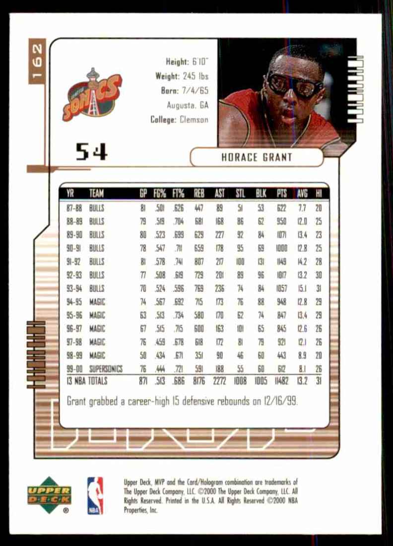 2000-01 Upper Deck MVP Horace Grant #162 card back image