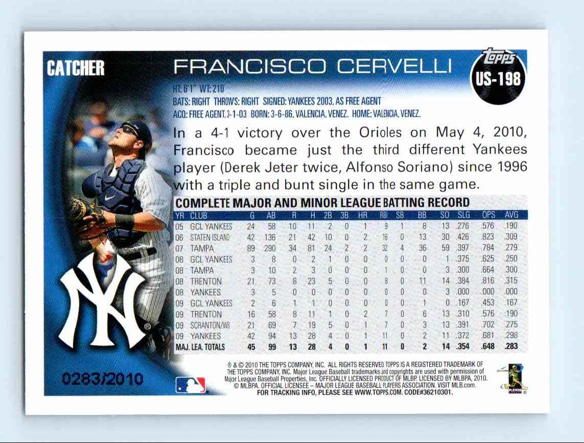 2010 Topps Update Gold Border Francisco Cervelli #US-198 card back image