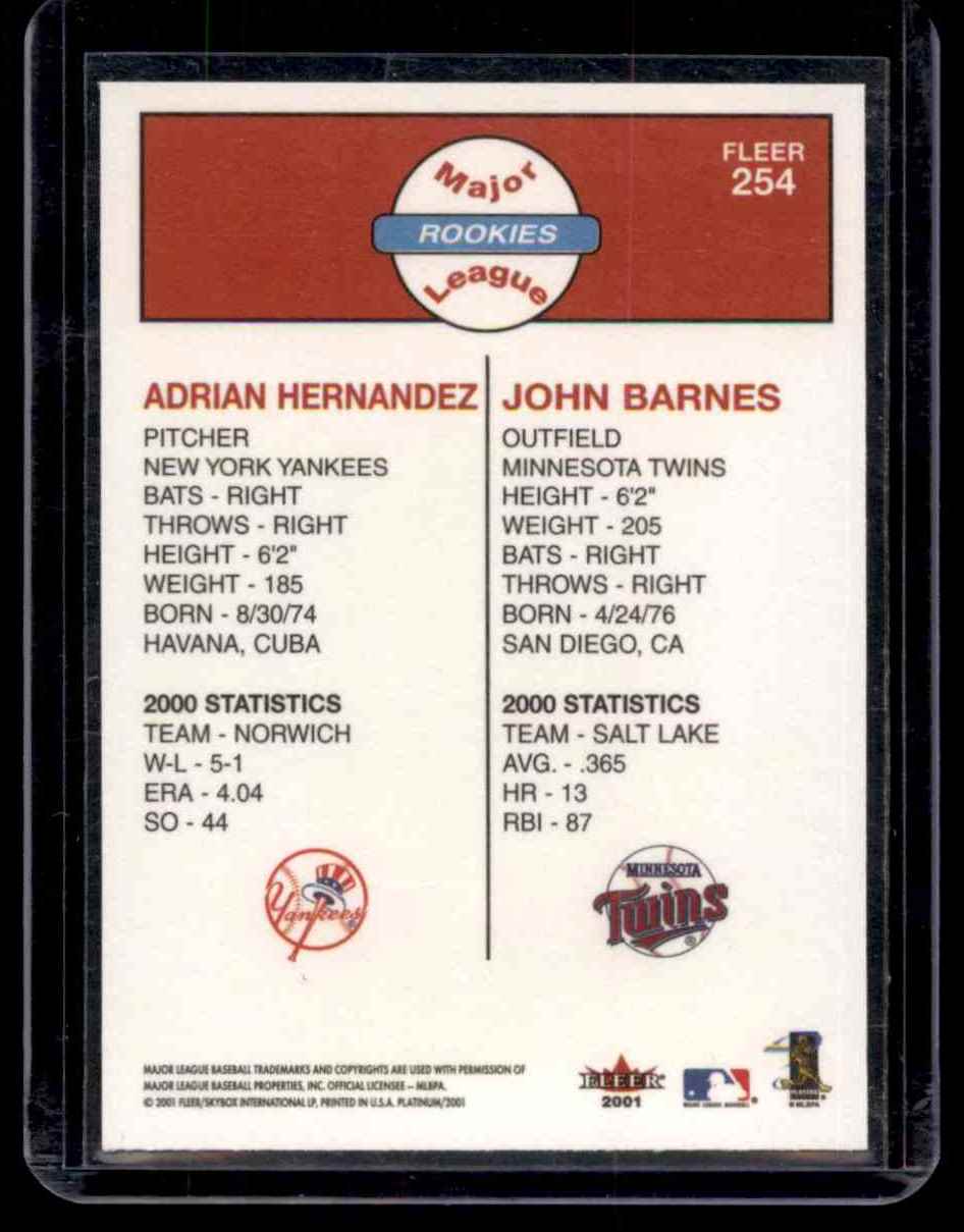 2001 Fleer Platinum Adrian Hernandez John Barnes #254 card back image