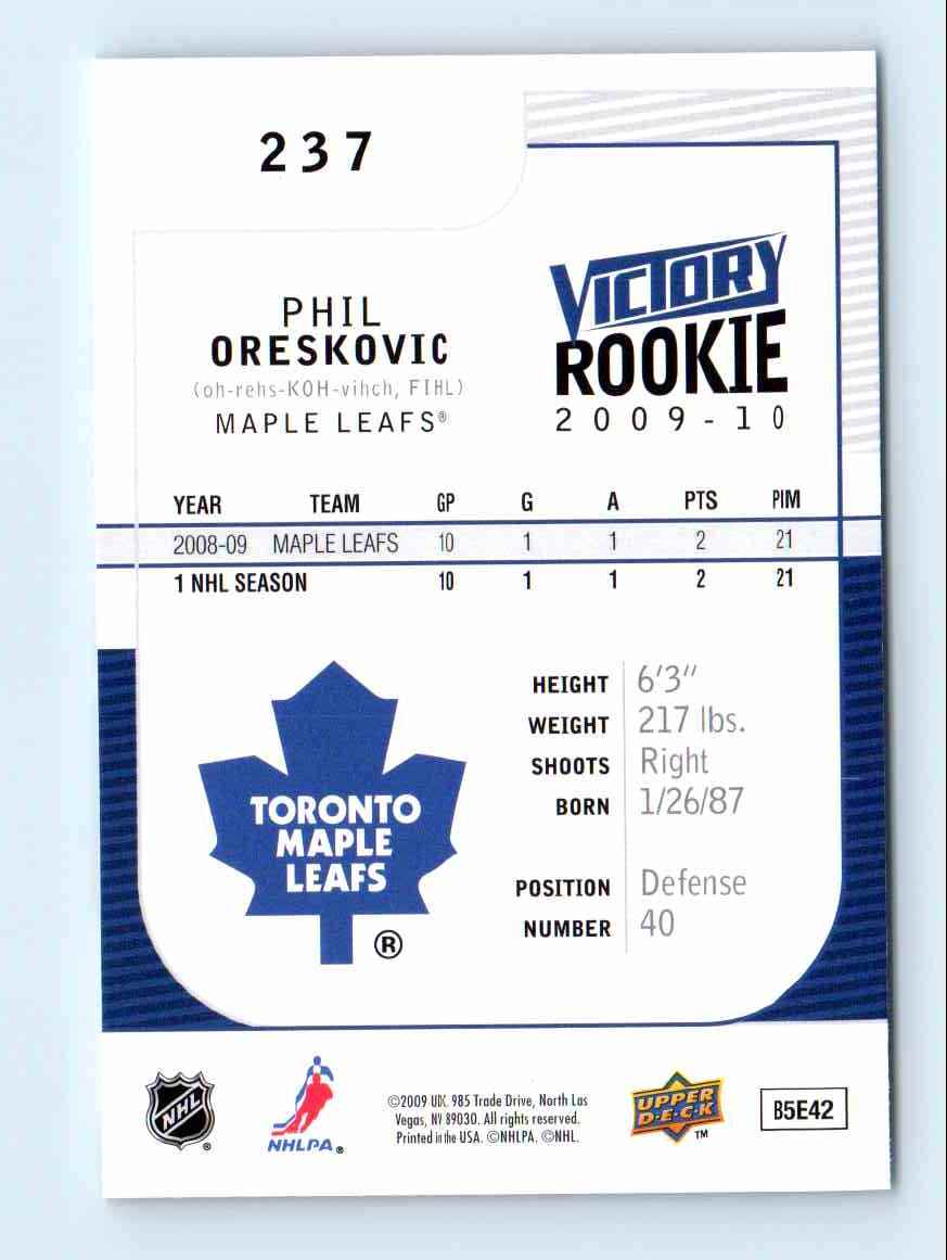 2009-10 Upper Deck Victory Rookie Phil Oreskovic #237 card back image