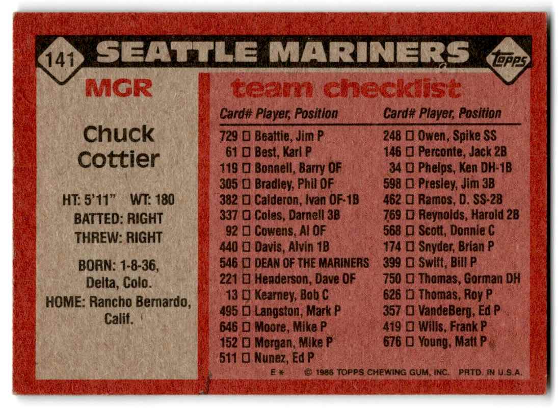 1986 Topps Chuck Cottier #141 card back image