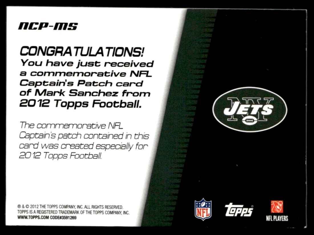 2012 Topps Captians Patch Mark Sanchez #NCP-MS card back image