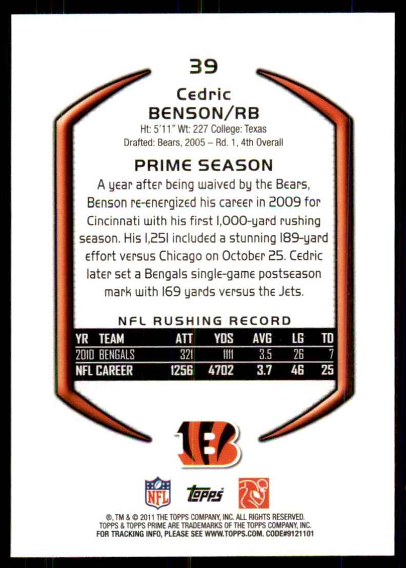 2011 Topps Prime Cedric Benson #39 card back image