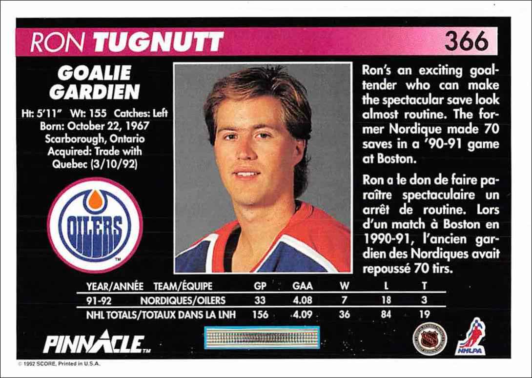 1992-93 Pinnacle French Ron Tugnutt #366 card back image